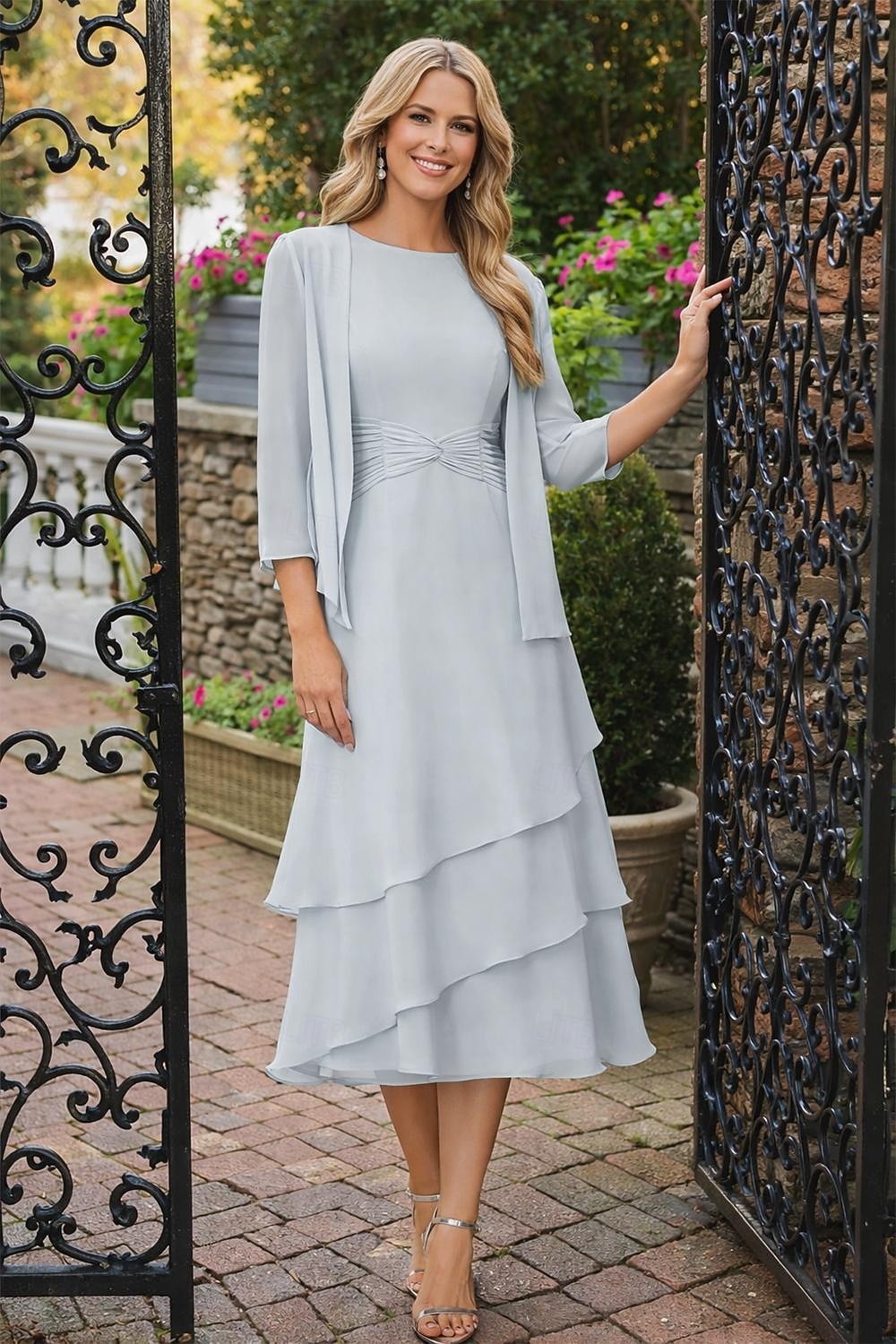 Tubino Colonna Lunghezza Tè Abito da invitata a nozze Abito da cerimonia per signora Manica 3/4 Collo gioiello Elegante Ospite di nozze Chiffon Con Stola con Arricciatura del 2026 a $160.99 –P9