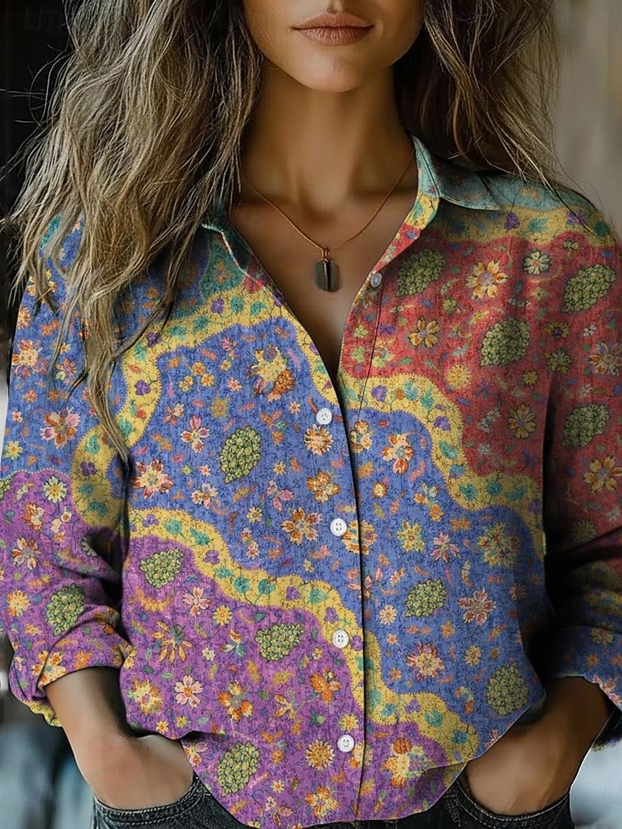 Жен. Рубашка Искусственный хлопок и лен Пуговицы С принтом Загар и защита от солнца Богемия Винтаж Стиль Длинный рукав Рубашечный воротник Обычные топы Повседневные Праздники 2026 - $35.99 –P4