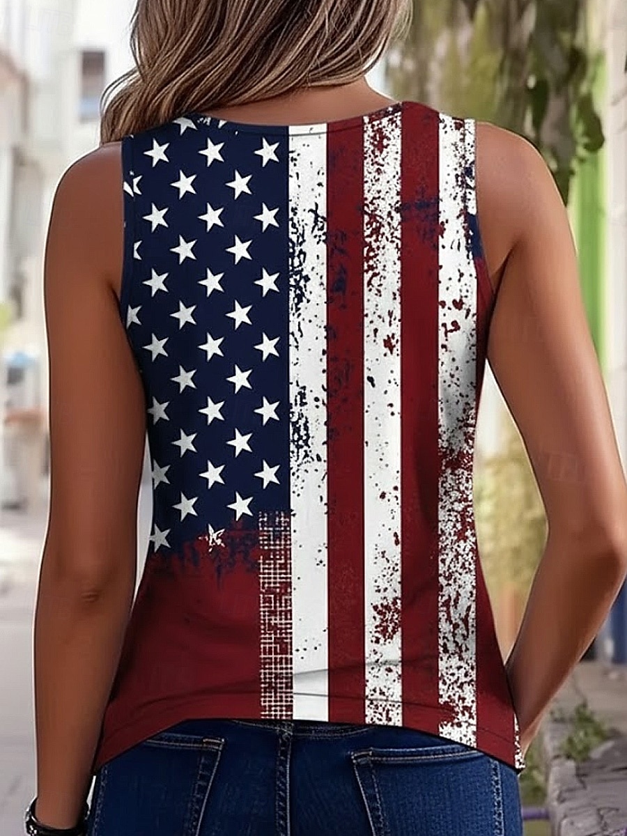  חולצת כבייה של יום העצמאות חולצת טי לנשים דגל אופנתי קלאסי ללא שרוולים צוואר V צוואר מתוח regular טופים יומיים כפתורי הדפסה כחול קיץ אביב 2026 - $8.49 –P4