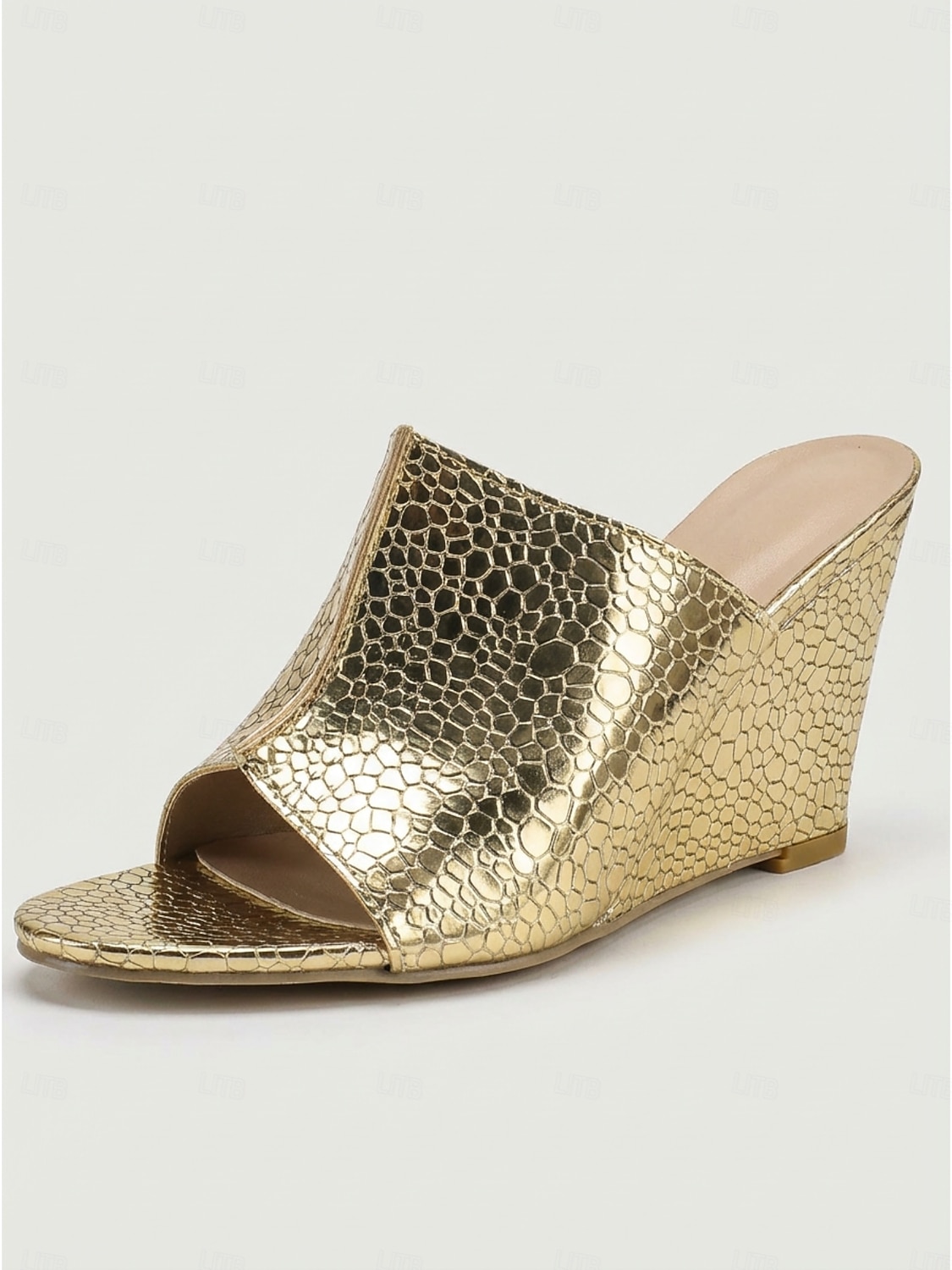 Mules femininas douradas com plataforma metálica, sapatos de salto sem fecho com textura de crocodilo, elegantes para convidadas de casamento em cerimônias na cidade. de 2026 por $42.99 –P1