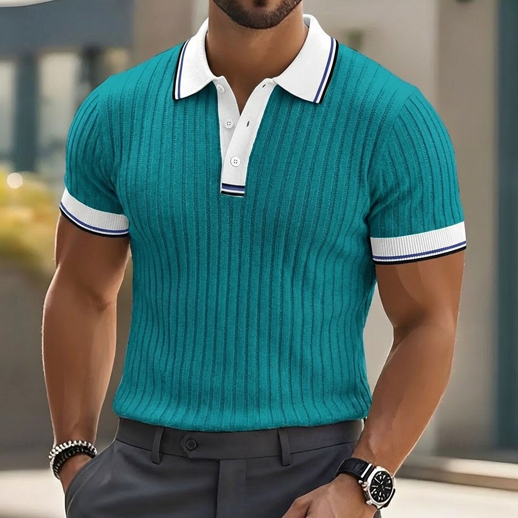 Per uomo Testurizzato Maglia da golf Casuale Lavoro Bavero Colletto Polo a Coste Manica Corta Essenziale Moderno Blocco di colori Patchwork Bottoni Primavera & Estate Vestibilità aderente Blu Bianco del 2026 a $24.99 –P5