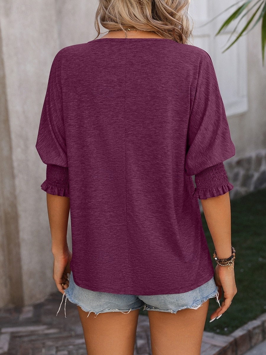 Damen T Shirt Rüsche Einfarbig Vintage Stilvoll Klassisch Dreiviertelarm V Ausschnitt Normale Oberteile Täglich Schwarz Rosa Marineblau Fuchsie Grün Sommer Frühling 2026 - $25.99 –P4