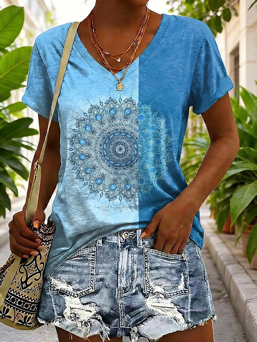 Mujer Camiseta Estampado Graphic Geométrico Plantas Vintage Elegante Clásico Manga Corta Escote en Pico Tops regulares Diario Azul Piscina Amarillo Naranja Verano Primavera 2026 - $21.99 –P2