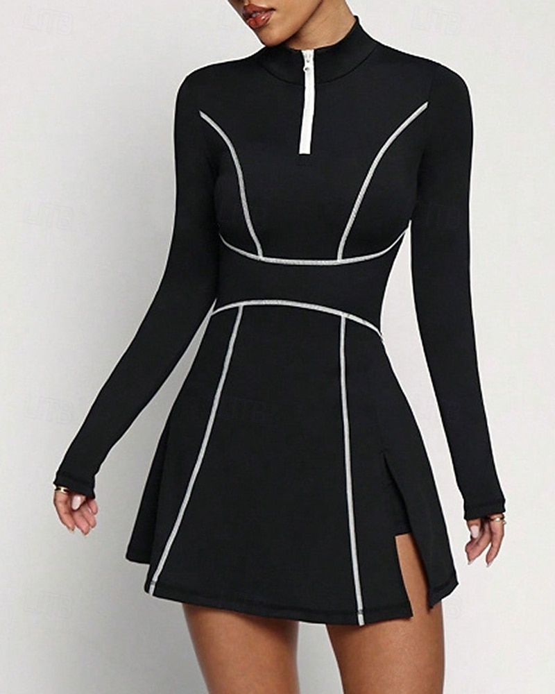 Per donna Tinta unita Abito da tennis con pantaloncini Abito sportivo Manica Lunga Con zip Tasca Elastico Traspirante Tennis Corsa Fitness Collo Alto Vestito Tuta Nero Abbigliamento da tennis del 2026 a $37.99 –P5