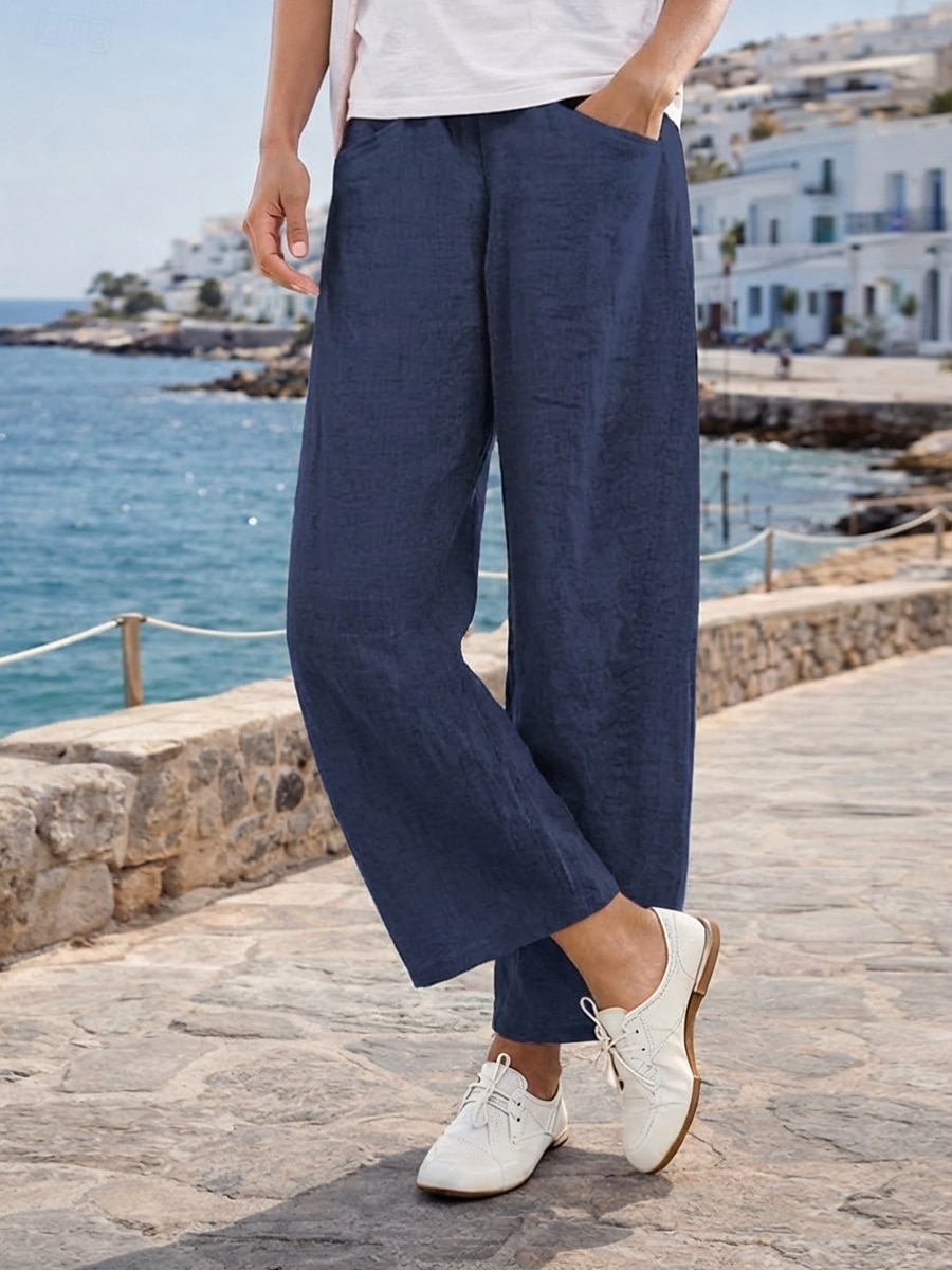 Dame مزيج القطن Imitert bomullslin Bukser Uformelle bukser Ferie Mote Gatemote Full lengde Høy Midje عادي Lomme Elastisk midje Komfort Bekvem Uelastisk Daglig Feriereise Gate Svart Rosa Oransje Dyp 2026 - $17.49 –P5