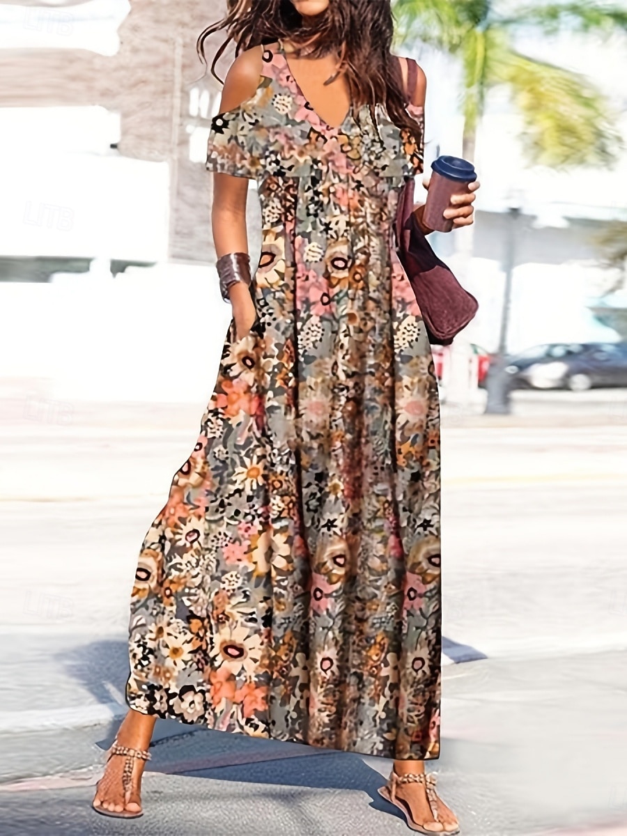 Women's Maxi Dress Beach Dress Casual Dress Floral Dress Elegant Fashion Modern Outdoor Vacation Going out Regular Fit Floral Short Sleeve V Neck Black Yellow Dark Blue Summer Spring 2026 - $25.99 –P2