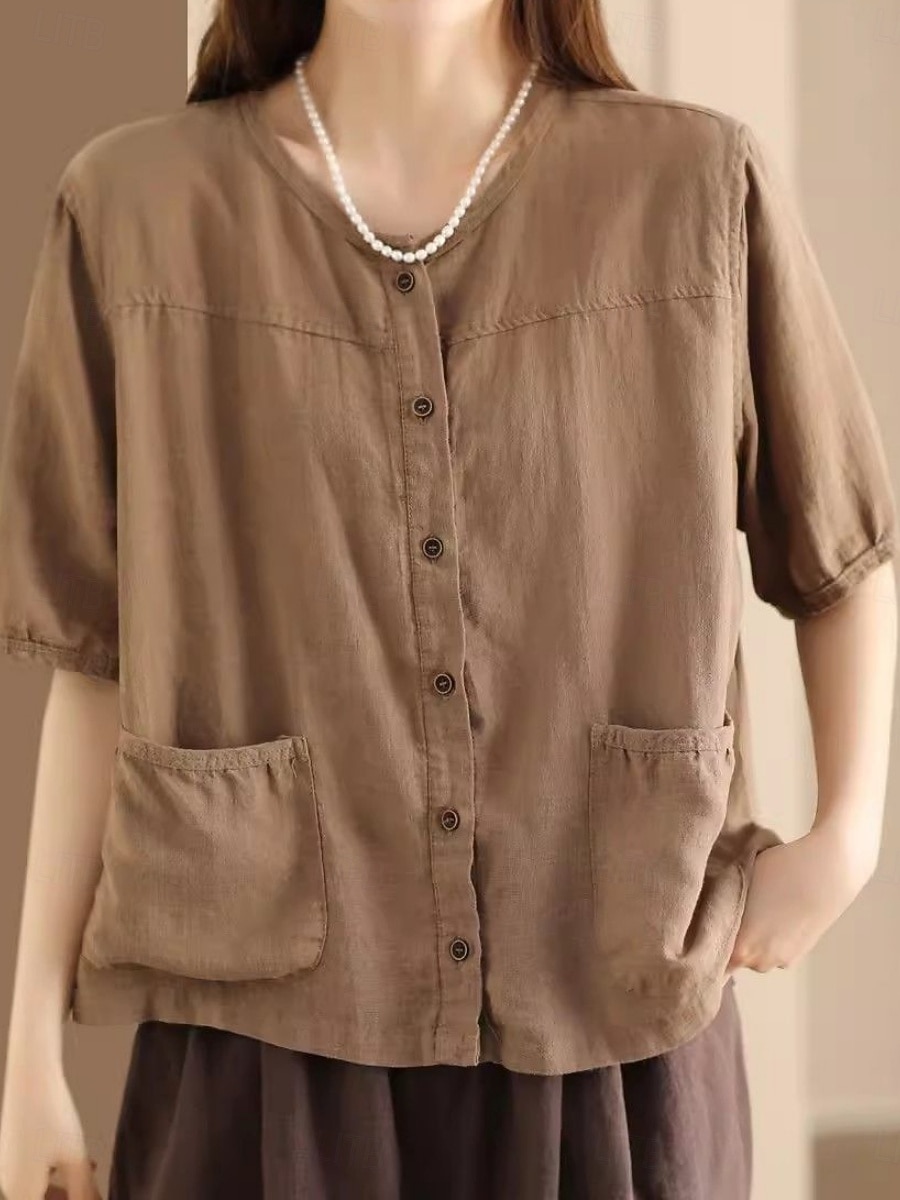 Women's Blouse Faux Linen Shirt Pocket Buttons Solid Color Daily Casual Half Sleeve Crew Neck Regular Tops Daily Black White Pink Brown Green Summer Spring 2026 - $21.99 –P6