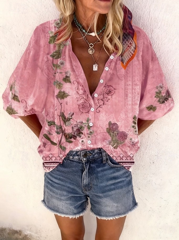 Жен. Рубашка С принтом Омбре Цветочный принт Графика Богемия Винтаж Повседневные Рукав 3/4 V-образный вырез Обычные топы Повседневные Праздники Одежда для пляжа 2026 - $42.99 –P15