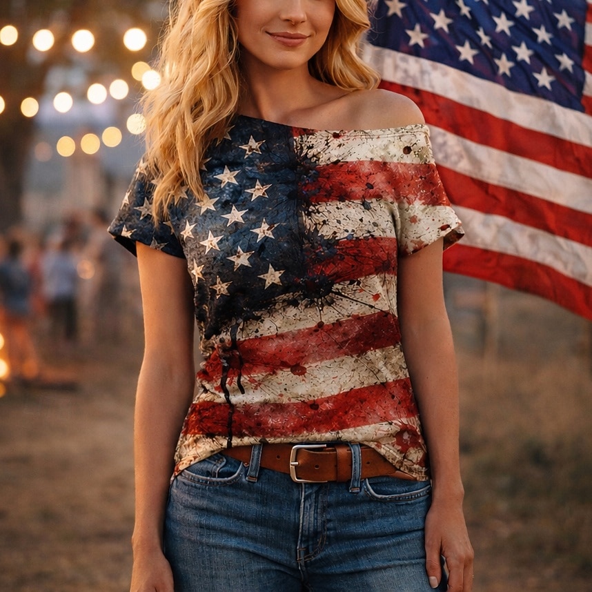 A 250-a aniversare a SUA Retro / vintage Anii 1980 Lungime scurtă Tricou Pe Umăr Mâneci scurte Drapel USA Costume de fancy Pentru femei 4 iulie Ziua Independenței Adulți Tricou 2026 - $18.99 –P1