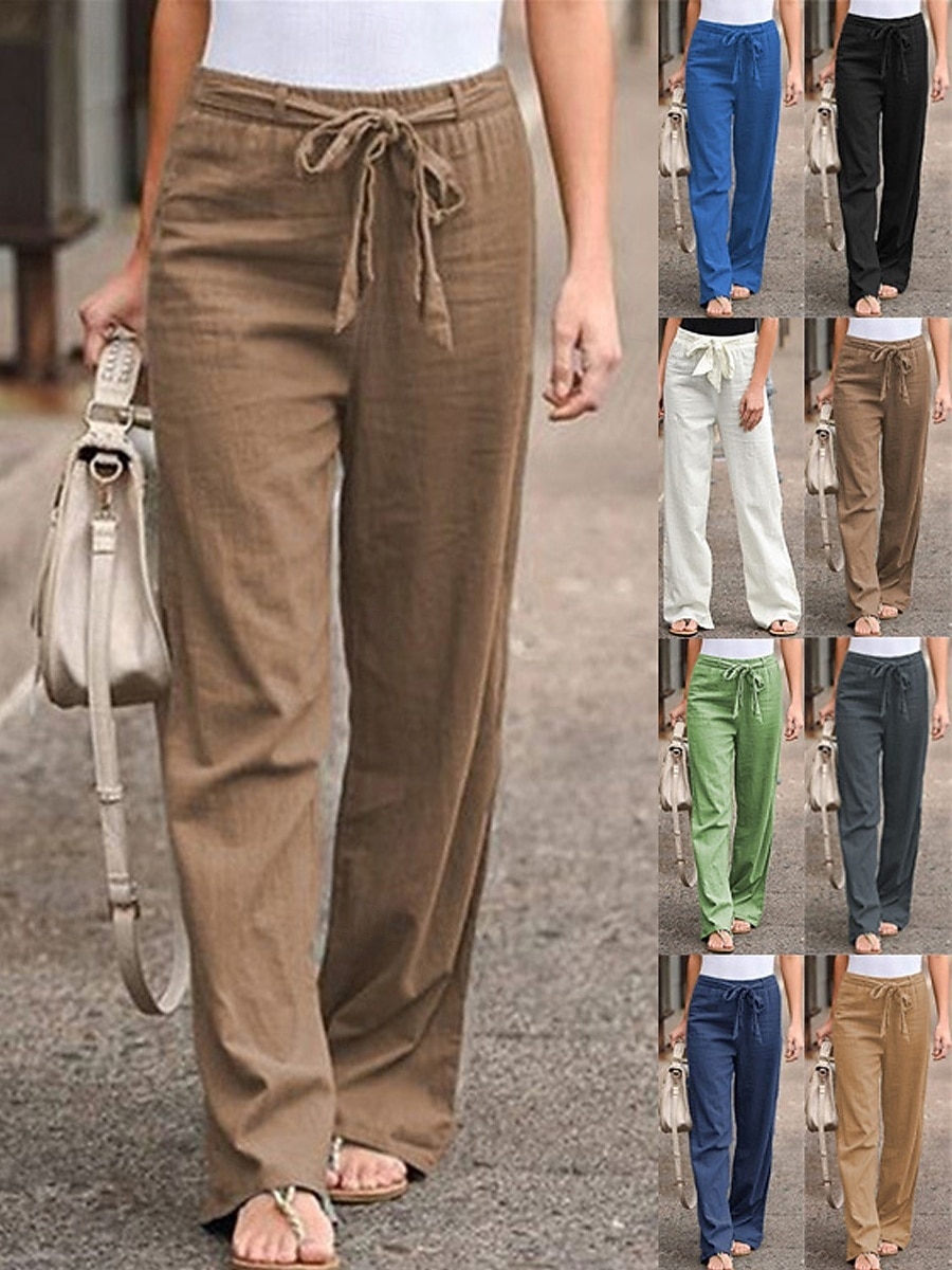Dam Brett skaft Långbyxor Casual byxor Semester Mode Streetwear Fullängd Hög midja Slät Snörning Ficka Elastisk midja Komfort Oelastisk Dagligen Semester Gata Svart Vit Marinblå Grön Sommar Vår Höst 2026 - $19.99 –P1