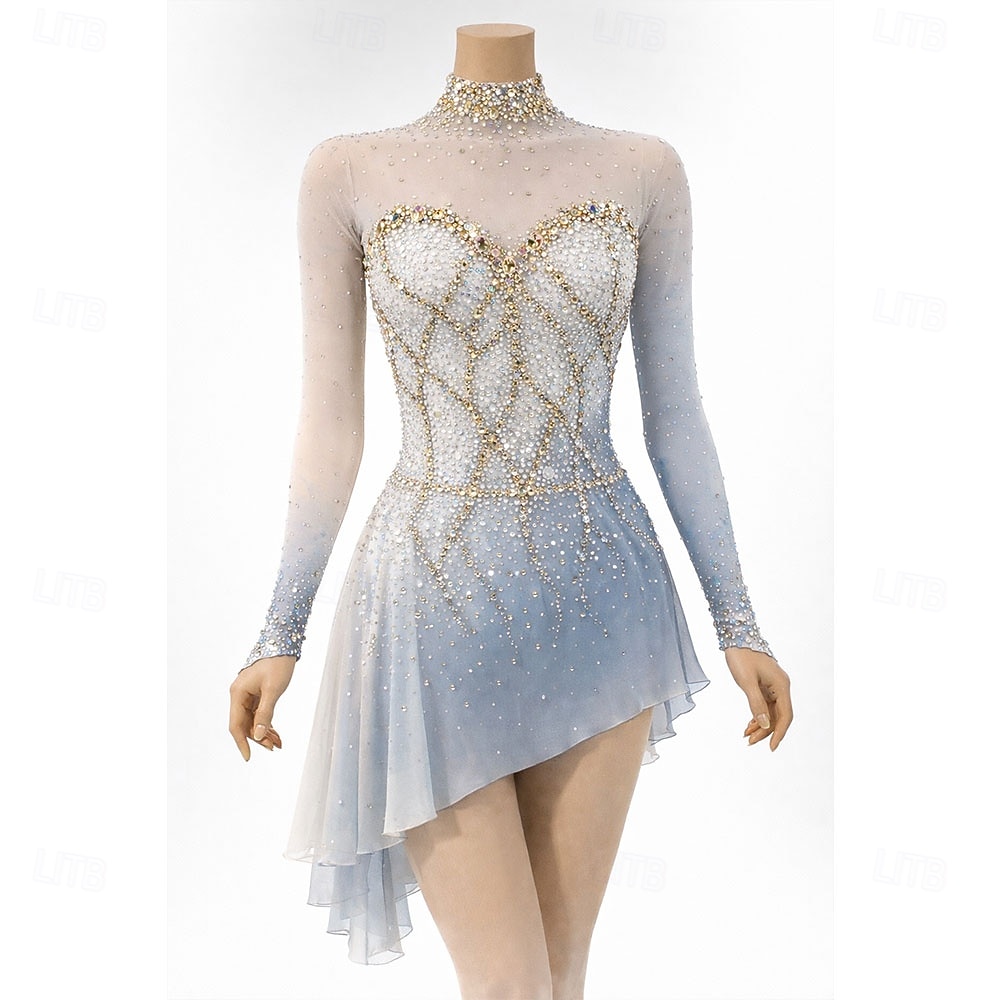 Eiskunstlaufkleid Damen Eislaufen Kleid Weiß Patchwork Asymmetrischer Saum Dehnbar Training Wettbewerb Eiskunstlaufkleidung Klassisch Kristall / Strass Langarm Eislaufen Eiskundstlauf 2026 - $378.79 –P1