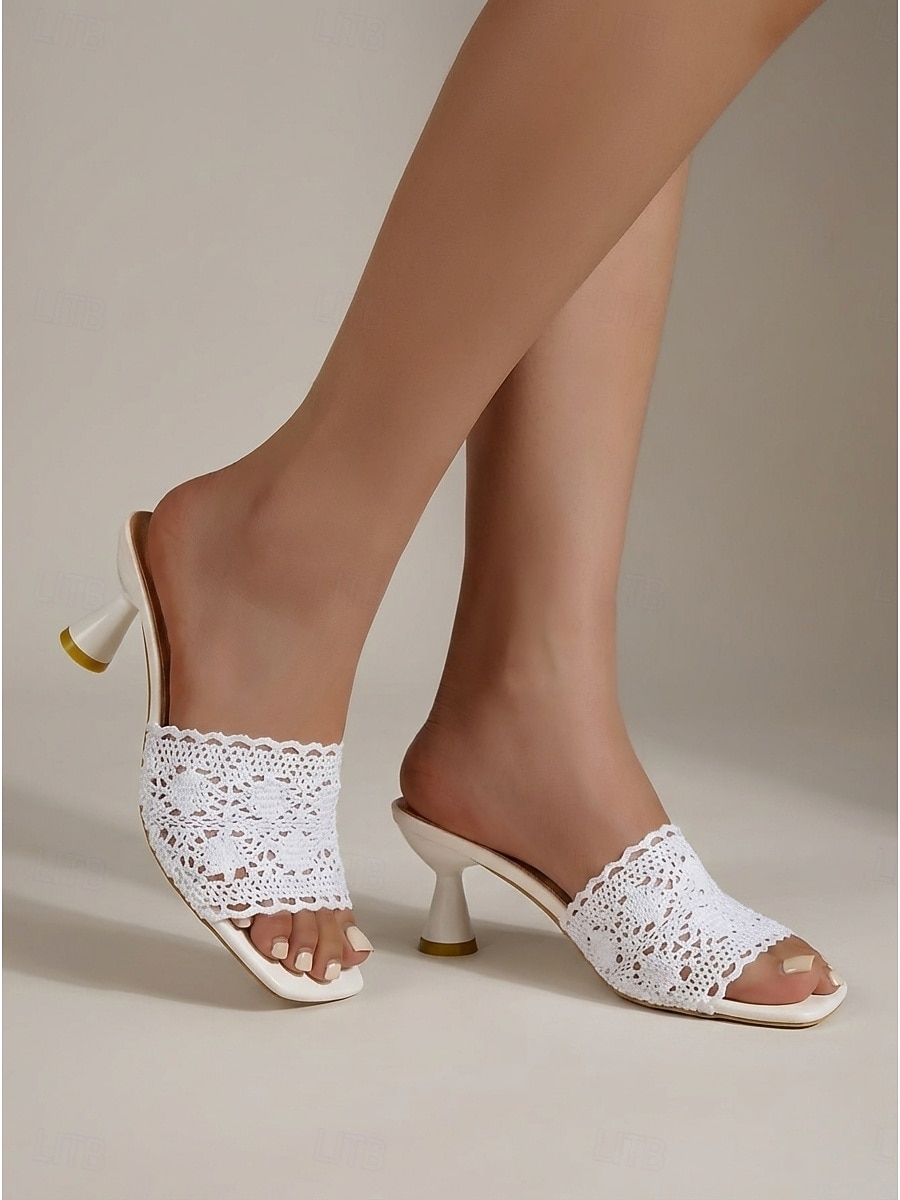 Elegante weiße Damen-Mules aus Spitze – romantische, gehäkelte Sandalen mit Blumenmuster und stilvollem Spulenabsatz für Gartenhochzeiten, Brautpartys und sommerliche Gartenfeste. 2026 - $24.99 –P3