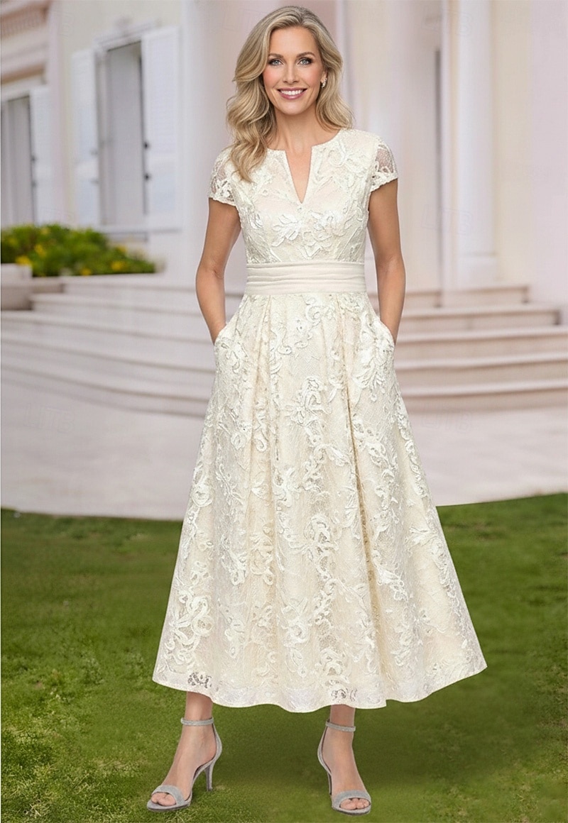 Corte A Vestidos Hasta el Tobillo Vestido Cóctel Vestido Invitada Boda Vestido de Madrina Manga Corta Escote en Pico Escote Barco Elegante Casual Formal con Bordados Apliques 2026 - $194.99 –P5