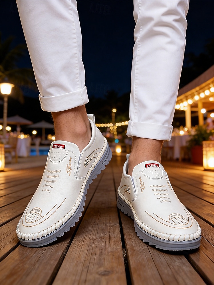2026年 メンズフェイクレザーリゾートイブニングシューズ、スタイリッシュなホワイトスリッポンローファー、エレガントなイブニングイベントに最適  コレクション – $34.99 –P3