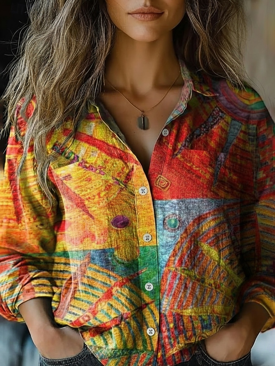 Per donna Camicia Finto cotone e lino Bottoni Stampato Grafico Geometrico Bohemien Attivo Vintage Manica Lunga Colletto a Camicia Top Regolari Quotidiano Ferie Giallo Primavera Autunno del 2026 a $35.99 –P1