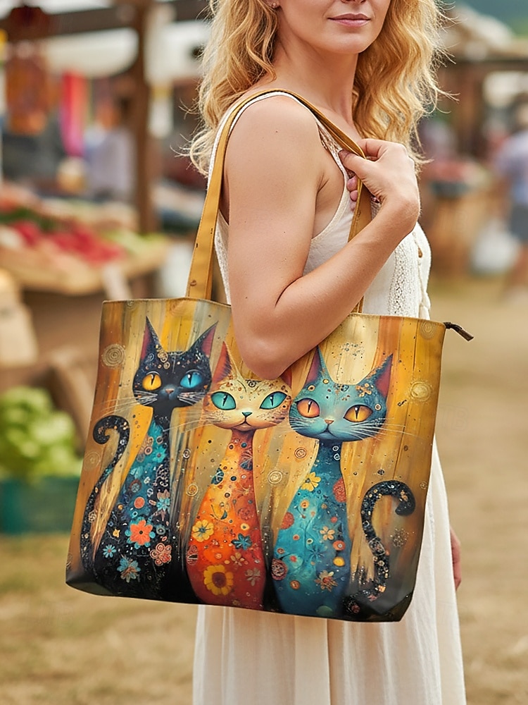 Women's Polyester Tote Bag, Large Capacity with Zipper, Multiple Cat Designs, Perfect for Vacations, Shopping, and Everyday Casual Use 2026 - $19.99 –P2