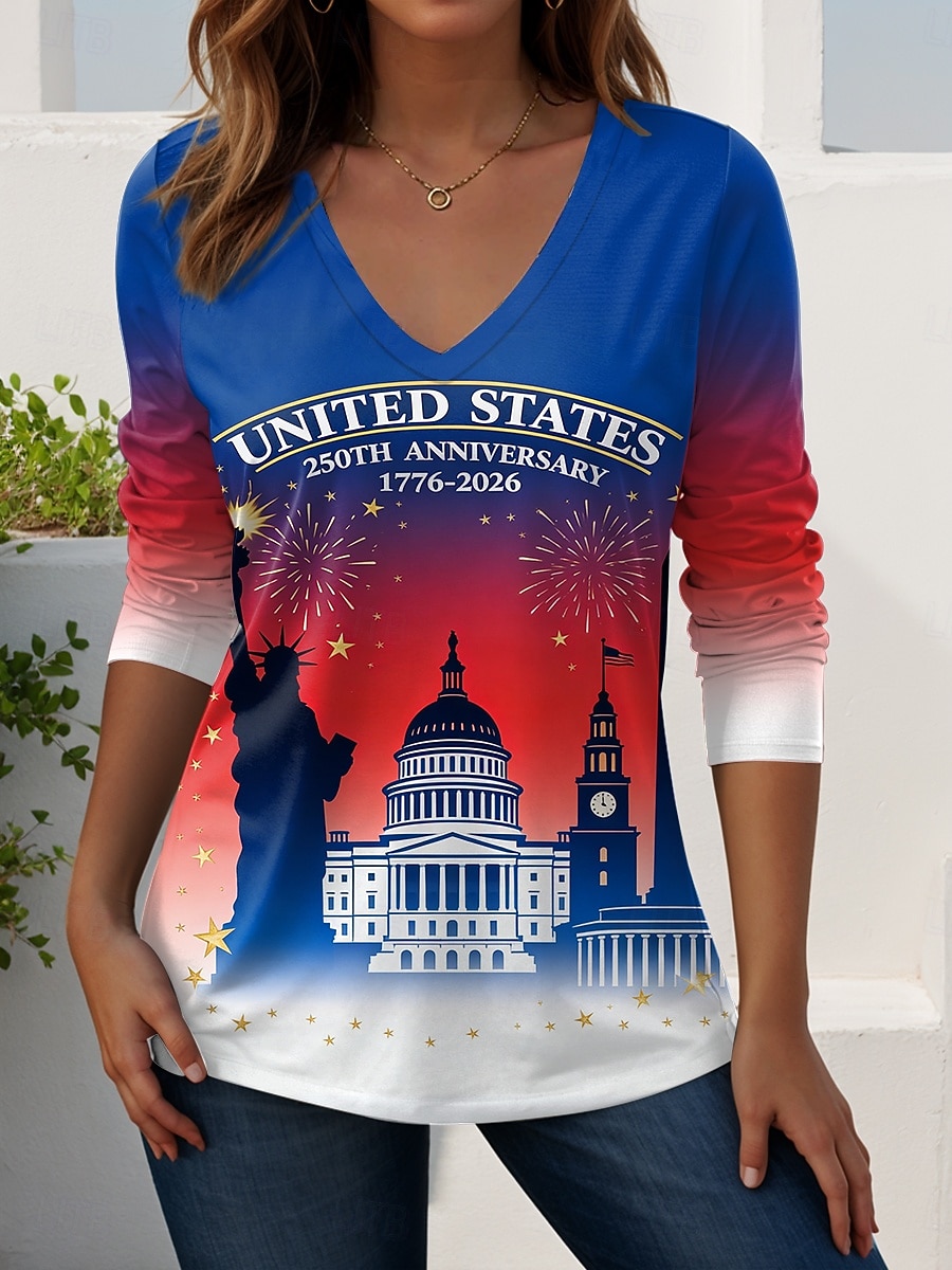 Ziua Independenței Americane Aniversarea de 250 de ani Tricou pentru Femei Patriotic Grafic Steagul American Vintage Elegant Casual Mâneci Lungi Gât în V Tops Regale de Zi cu Zi Weekend Albastru 2026 - $24.99 –P2