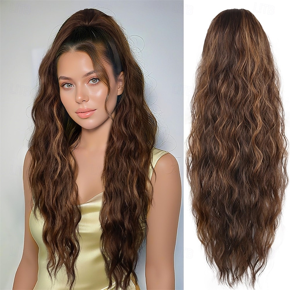 Extensão de rabo de cavalo com cordão de 66 cm (26 polegadas), aplique de cabelo longo e ondulado para mulheres - aplique de cabelo sintético para uso diário (castanho chocolate com mechas loiras mel) de 2026 por $22.99 –P1