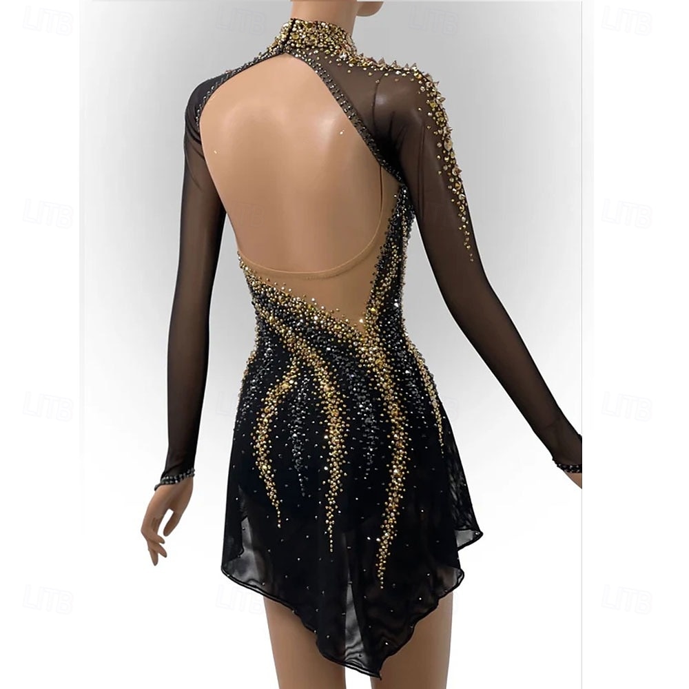 Figure Skating Dress Girls' Ice Skating Dress Black Patchwork Open Back Stretchy Training Competition Skating Wear Classic Crystal / Rhinestone Long Sleeve Ice Skating Figure Skating 2026 - $267.79 –P2