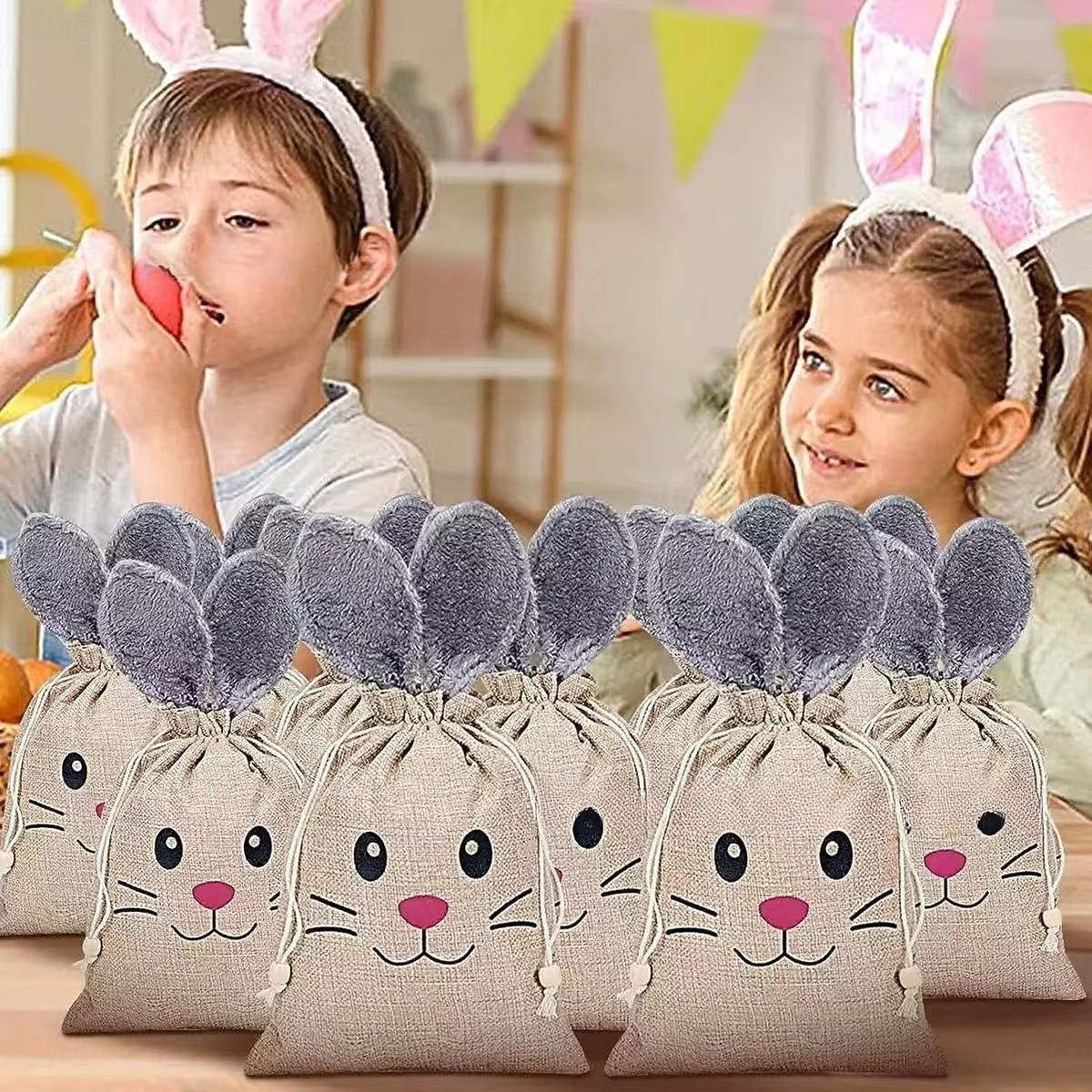 5/10 Pcs Easter Linen Drawstring Gift Bag, Burlap Bags with Fluffy Bunny Ears, Perfect for Holding Easter Eggs, Cookies, Chocolates, Bunny Party Favor Bags, Easter Candy Egg Hunt for Kids 2026 - $23.99 –P3