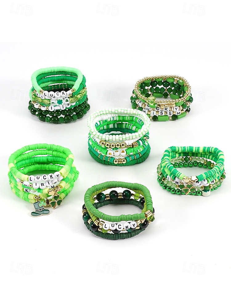 Set de brățări cu mărgele pentru femei de Ziua Sfântului Patrick, brățări cu pandantive din rășină și aliaj, bijuterii cu litere irlandeze cu trifoi în mai multe stiluri, perfecte pentru parade de sărbători, petreceri și ținute festive 2026 - $9.99 –P4
