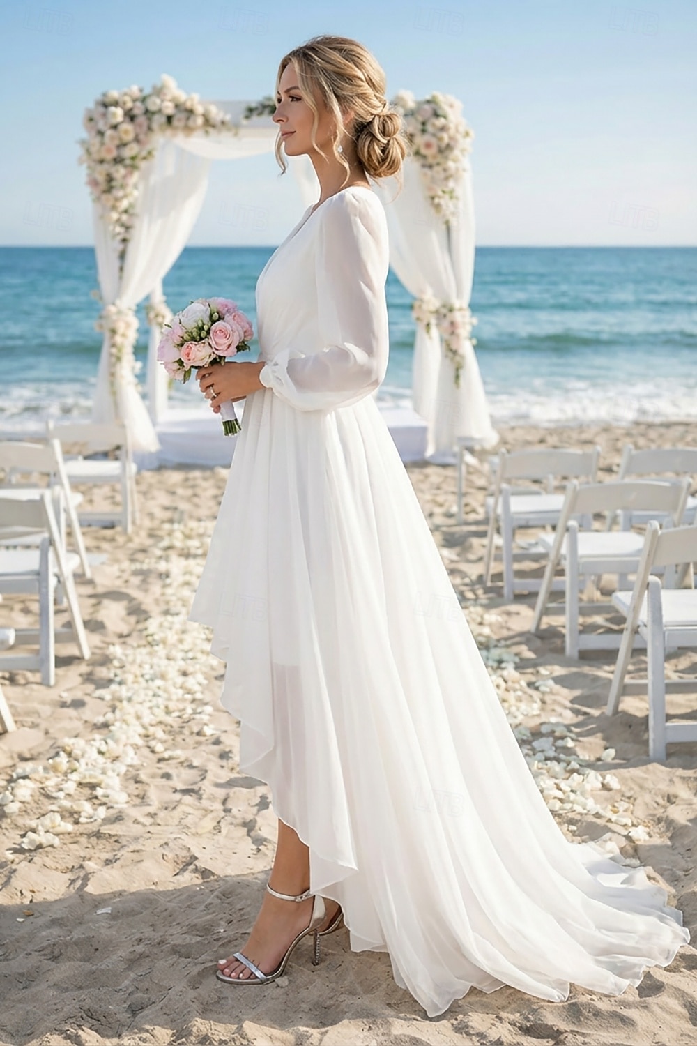 Matrimonio sulla spiaggia addio al nubilato piccolo abito bianco abiti per addio al nubilato abiti da matrimonio A-Line scollo a V manica lunga asimmetrico chiffon abiti da sposa con colore solido del 2026 a $149.99 –P3