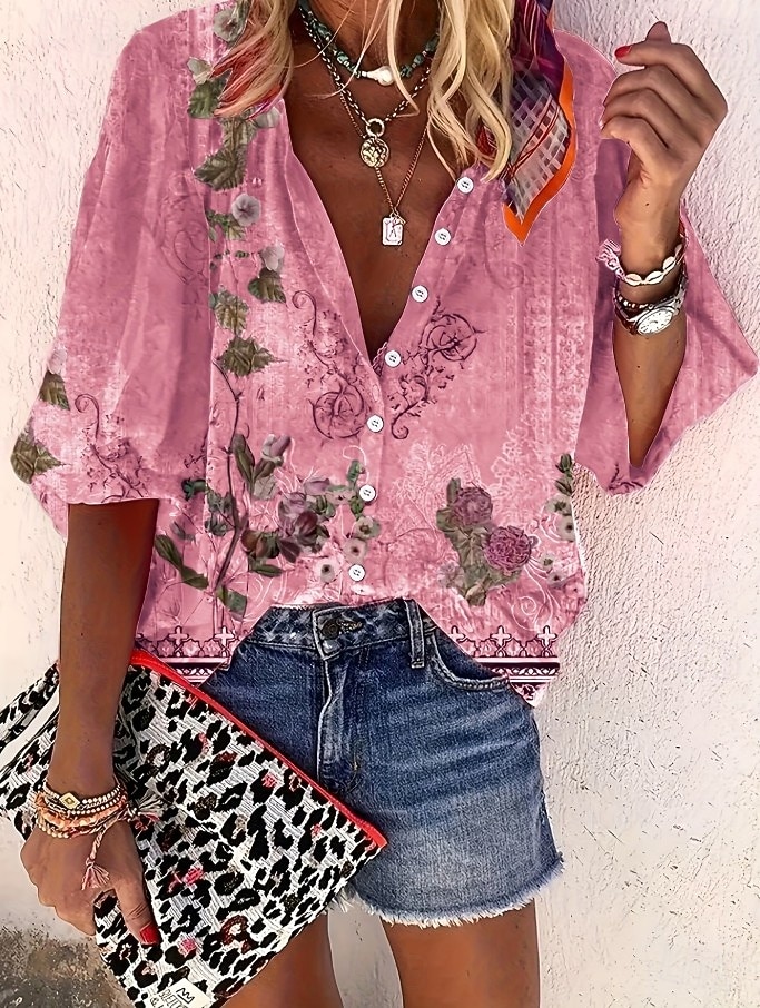 Жен. Рубашка С принтом Омбре Цветочный принт Графика Богемия Винтаж Повседневные Рукав 3/4 V-образный вырез Обычные топы Повседневные Праздники Одежда для пляжа 2026 - $42.99 –P11