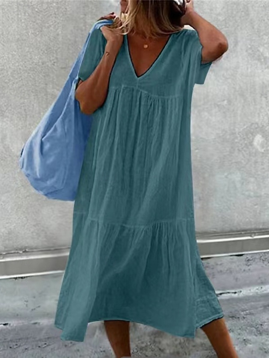 Mujer Vestido Midi Vestidos de lino y algodón 100% Algodón Vestido de cambio Vestido de verano Casual Diario Vacaciones Holgado Plano Manga Corta Escote en Pico Negro Blanco Vino Verde Ejército 2026 - $27.99 –P6