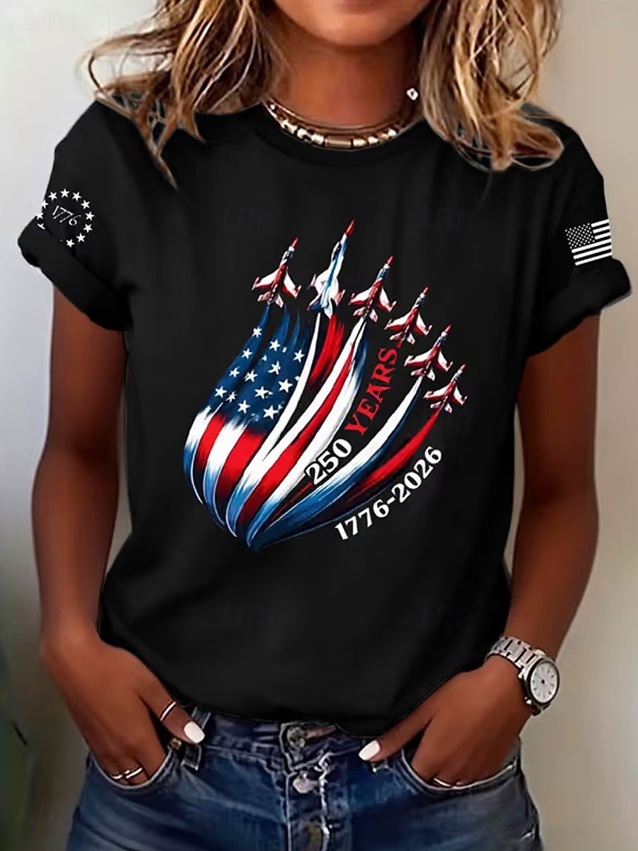 Independence Day American Anniversary Patriotic Women's T Shirt Print Graphic Letter Vintage Stylish Classic Short Sleeve Crew Neck Regular Tops Daily Blue Black White Gray Summer Spring 2026 - $22.99 –P1