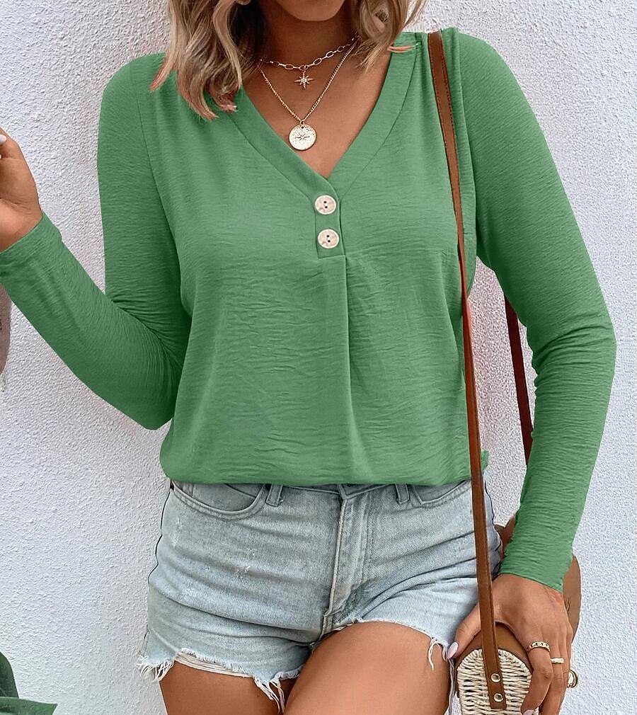 Dámské Tričko Tlačítko Přední S texturou Pevná barva Módní Na běžné nošení Dlouhý rukáv Do V Dlouhé topy Denní Jdeme ven Tmavěhnědá Travní zelená Černá Bílá Rubínově červená Jaro Podzim 2026 - $21.99 –P9