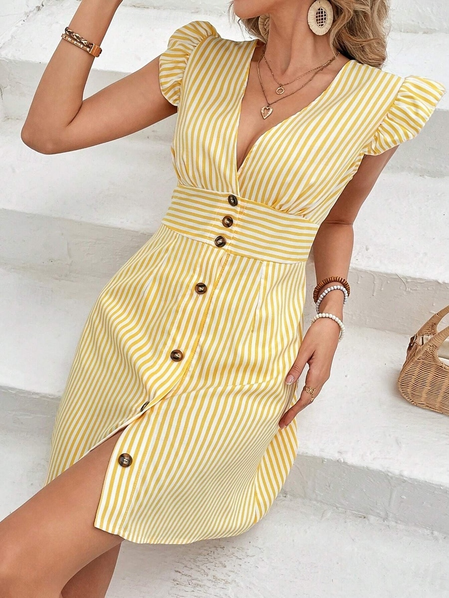 Women's Mini Dress A Line Dress Summer Dress Casual Daily Regular Fit Striped Short Sleeve V Neck Black Yellow Pink Green Summer Spring 2026 - $27.99 –P4