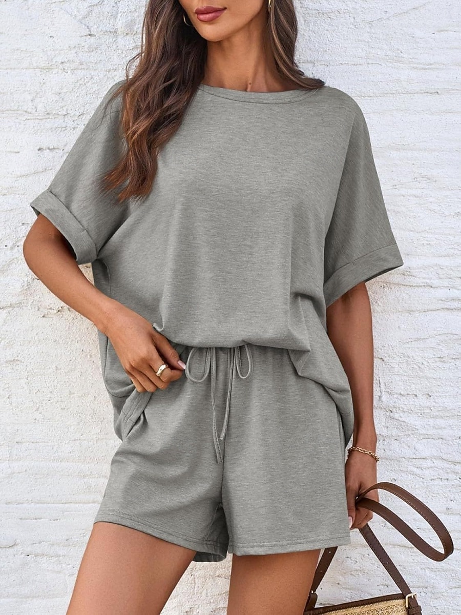 Dam Set med shorts Bolero Top Kortärmad Rund hals Ensfärgat Snörning Mode Streetwear Ledigt Dagligen Utomhus Blå Svart Brun Sommar Lös passning 2026 - $31.99 –P3