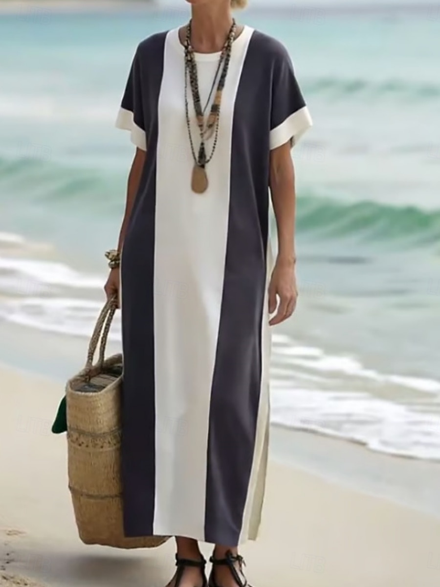 Women's Maxi Dress T Shirt Dress Tee Dress Shift Dress Vacation Casual Outdoor Going out Loose Fit Stripe Short Sleeve Crewneck Blue Black Brown Dark Purple Summer Spring 2026 - $32.99 –P6