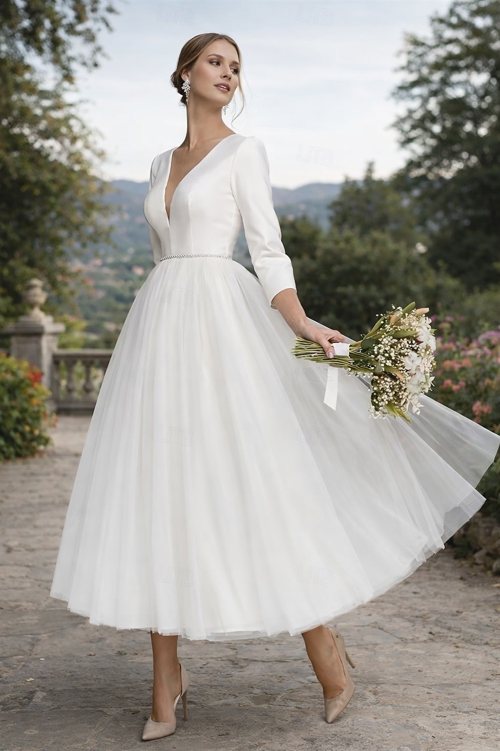 A-linja Polven yli Häämekot Morsiuspuvut Hääpuku Vintage 1940/1950-luku Valkoiset pikkumekot 3/4 hiha V kaula-aukko valmistuminen Syntymäpäivä Satiini Tylli kanssa Solid Color 2026 - $109.99 –P1