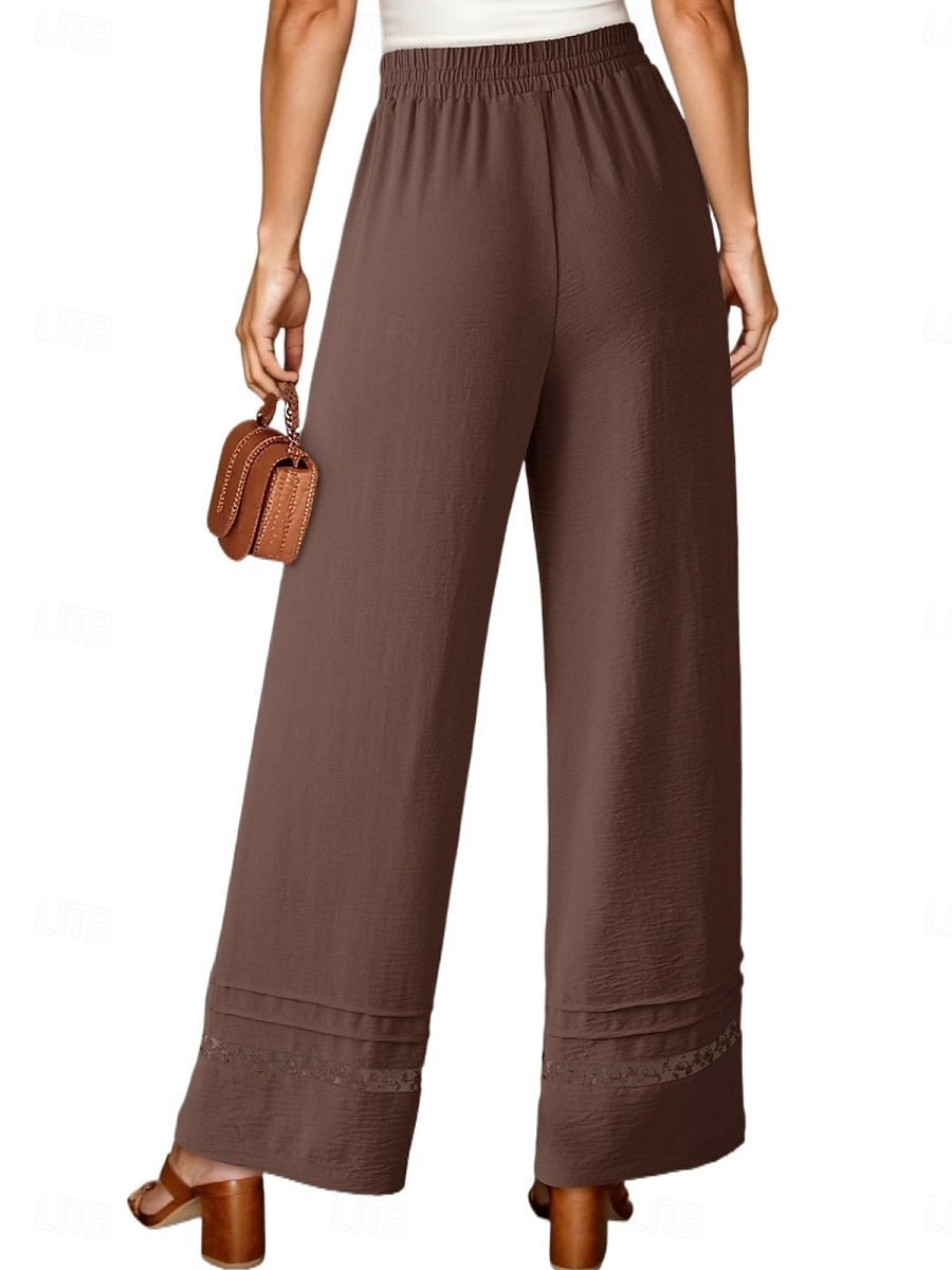 Women's Wide Leg Trousers Casual Pants Vacation Fashion Streetwear Full Length High Waist Plain Lace Elastic Waist Comfortable Breathable Inelastic Daily Vacation Street Black Almond Military Green 2026 - $29.99 –P12