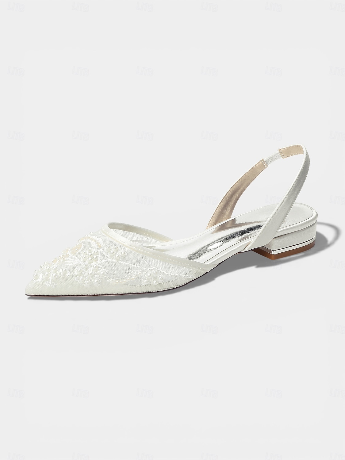 damskie granatowe, siateczkowe, płaskie buty typu slingback, zdobione perłami, ze spiczastym noskiem, dla druhen na wesela w ogrodzie 2026 - $59.99 –P1