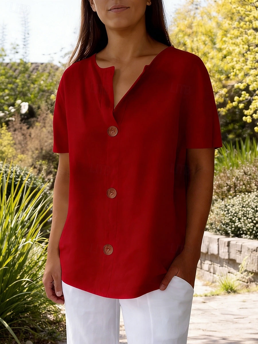Per donna Camicia Estiva Camicia casual Blusa Tinta unica Elegante Essenziale Casual Manica Corta Scollo a V Top Regolari Quotidiano All'aperto Ferie Blu Giallo Rosso Grigio Estate Primavera Autunno del 2026 a $27.99 –P4