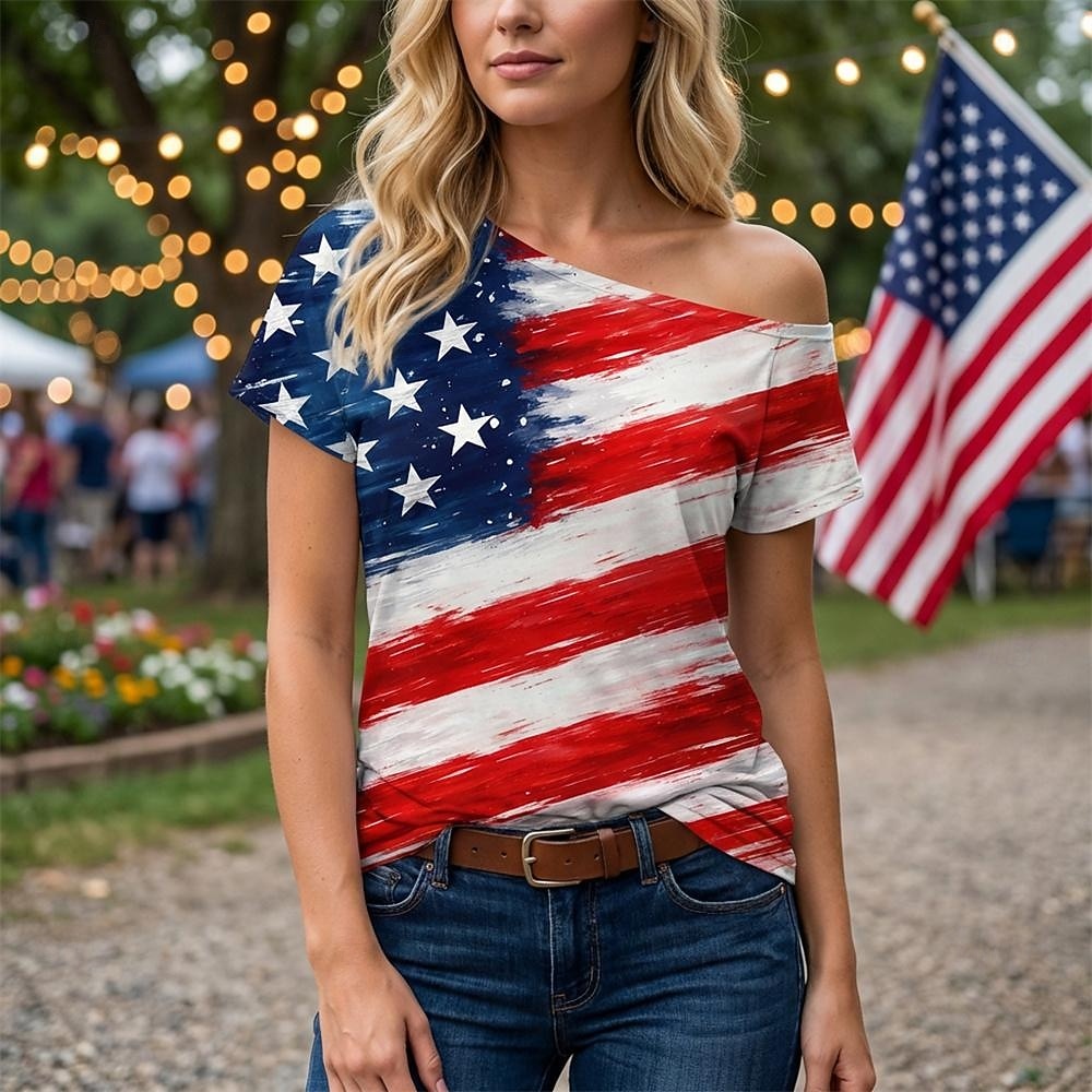 250ή Επέτειος ΗΠΑ Ρετρό / Βίντατζ Δεκαετία '80 Κοντομάνικο Ένας Ώμος Κοντά μανίκια Σημαία ΗΠΑ Φανταχτερή Φόρεμα Γυναικεία 4η Ιουλίου Ημέρα της ανεξαρτησίας Ενηλίκων Φανέλα 2026 - $18.99 –P1