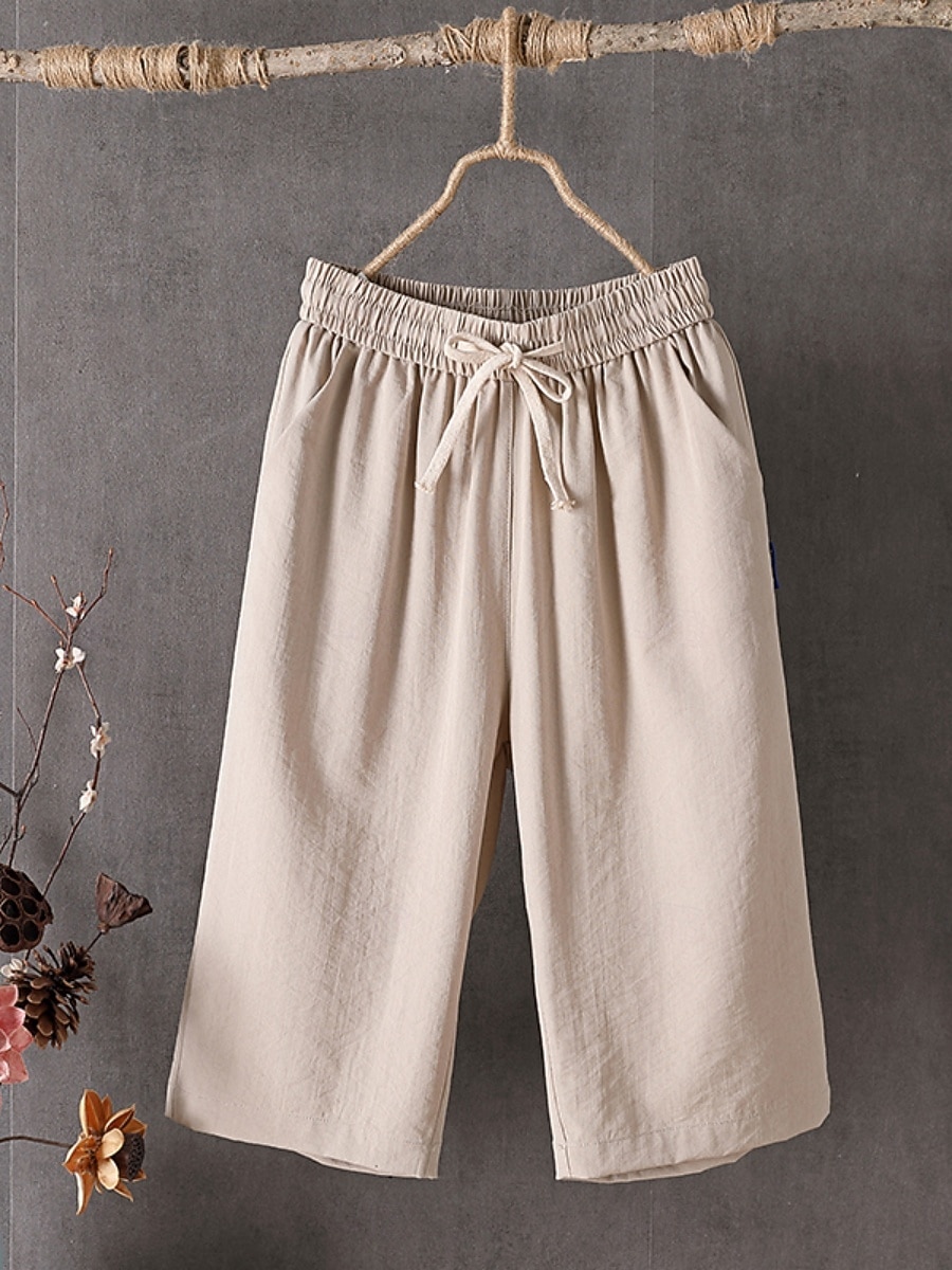 Women's Cotton Capri Pants Casual Pants Summer Shorts Vacation Fashion Streetwear Calf-Length High Waist Plain Drawstring Pocket Elastic Waist Comfort Comfortable Inelastic Daily Vacation Street 2026 - $17.99 –P1