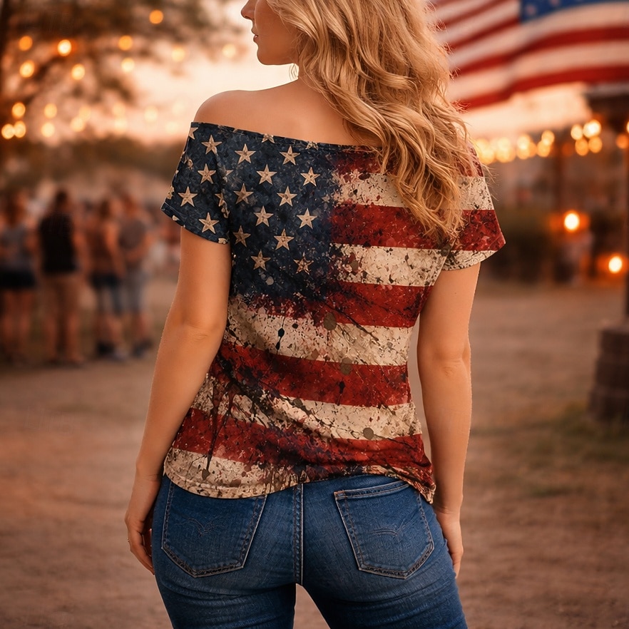 250-летие США Ретро В стиле 1980-х Короткий Как у футболки На одно плечо Короткие рукава Флаг США Маскарадный костюм Жен. 4 июля День независимости Взрослые Футболка 2026 - $18.99 –P2