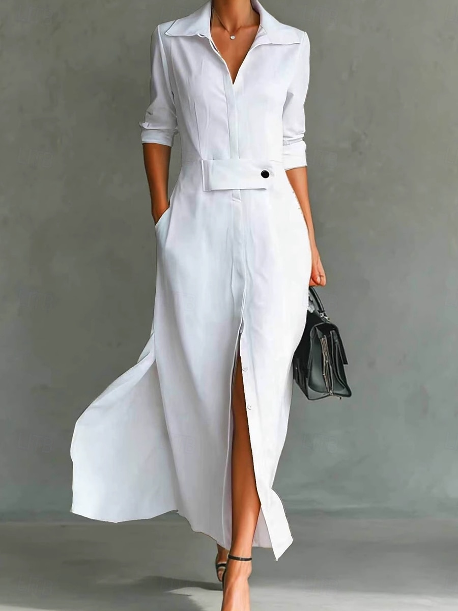 Women's Maxi Dress Shirt Dress White Dress Casual Dress Work Dress Elegant Fashion Modern Daily Office Regular Fit Plain Long Sleeve Shirt Collar Blue Black White Pink Summer Spring 2026 - $25.99 –P1