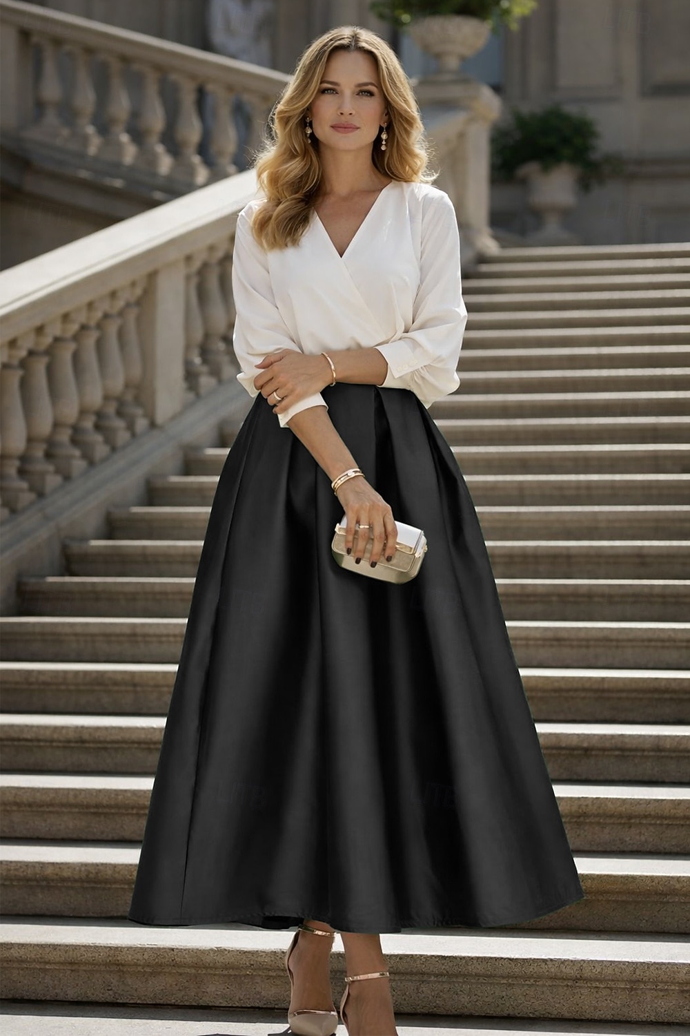 Two Piece Tea Length Cocktail Dresses Party Dresses Elegant Color Block Long Sleeve V Neck Wedding Party Wear Satin with Pleats 2026 - $160.99 –P7
