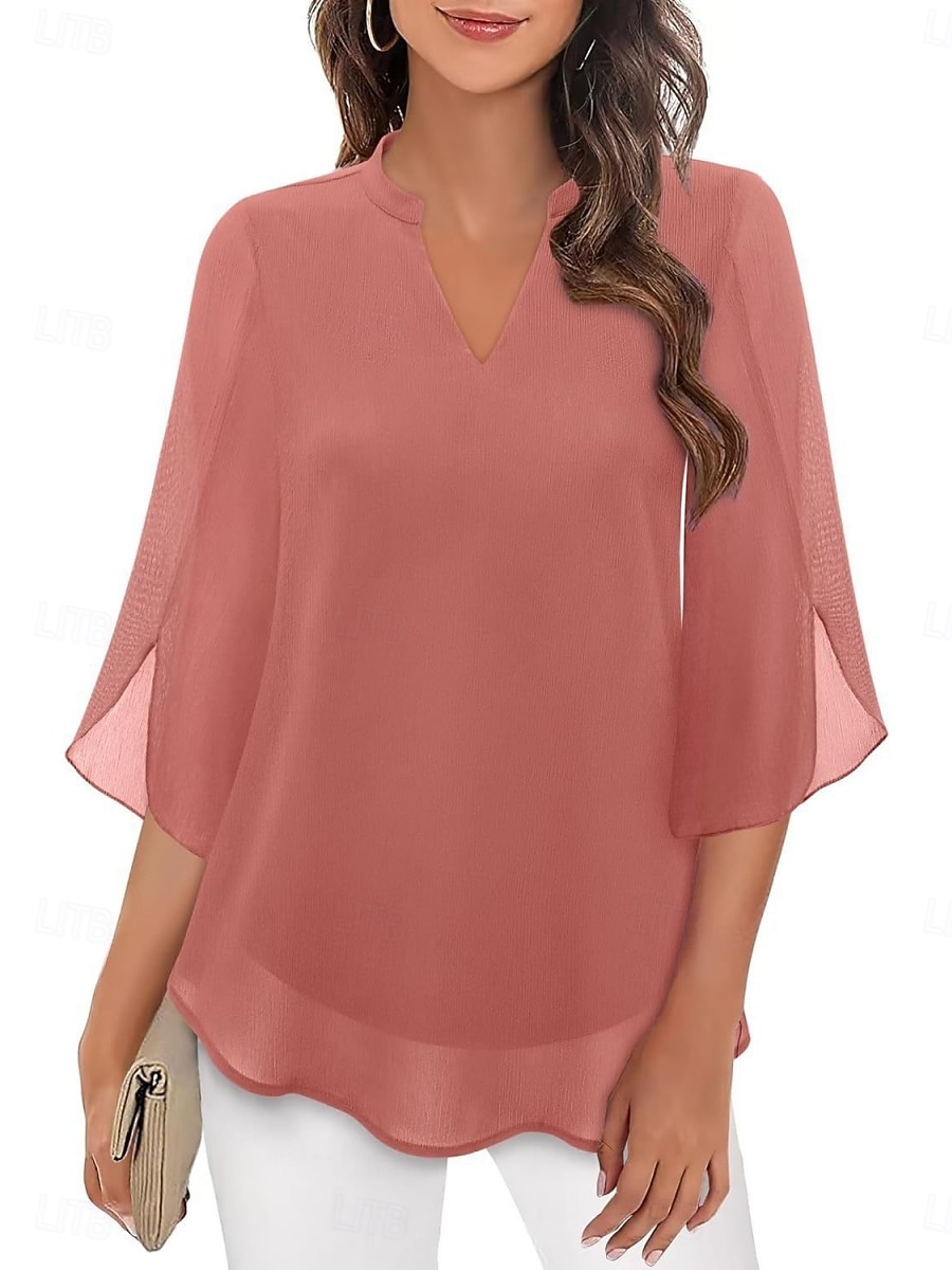 Women's Blouse Solid Color Elegant Stylish Casual 3/4 Length Sleeve V Neck Regular Tops Daily Pink Wine Red Royal Blue Green Summer Spring 2026 - $21.99 –P18