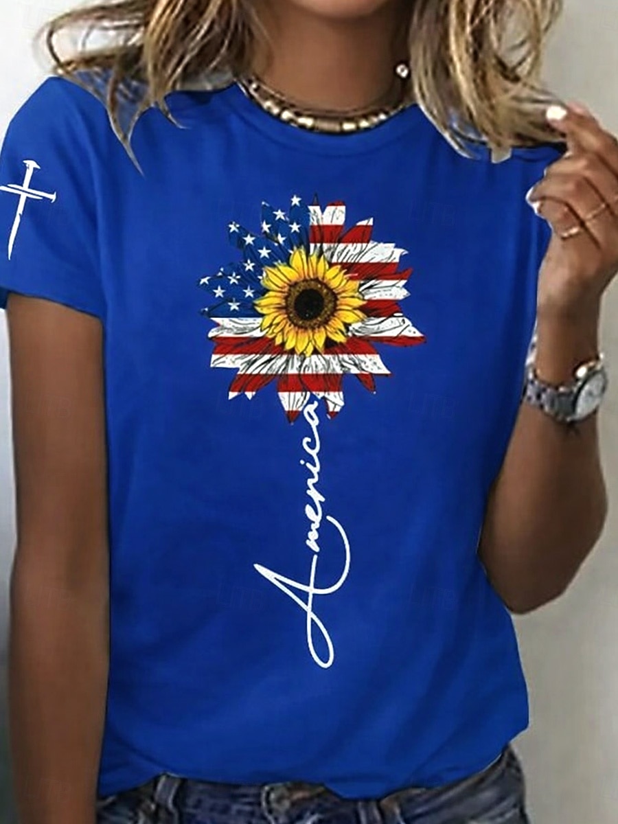 Патриотическая майка ко Дню независимости Женская футболка графический флаг винтажный стильная классическая с коротким рукавом круглый вырез обычная футболка повседневная выходные печать синий 2026 - $22.99 –P7