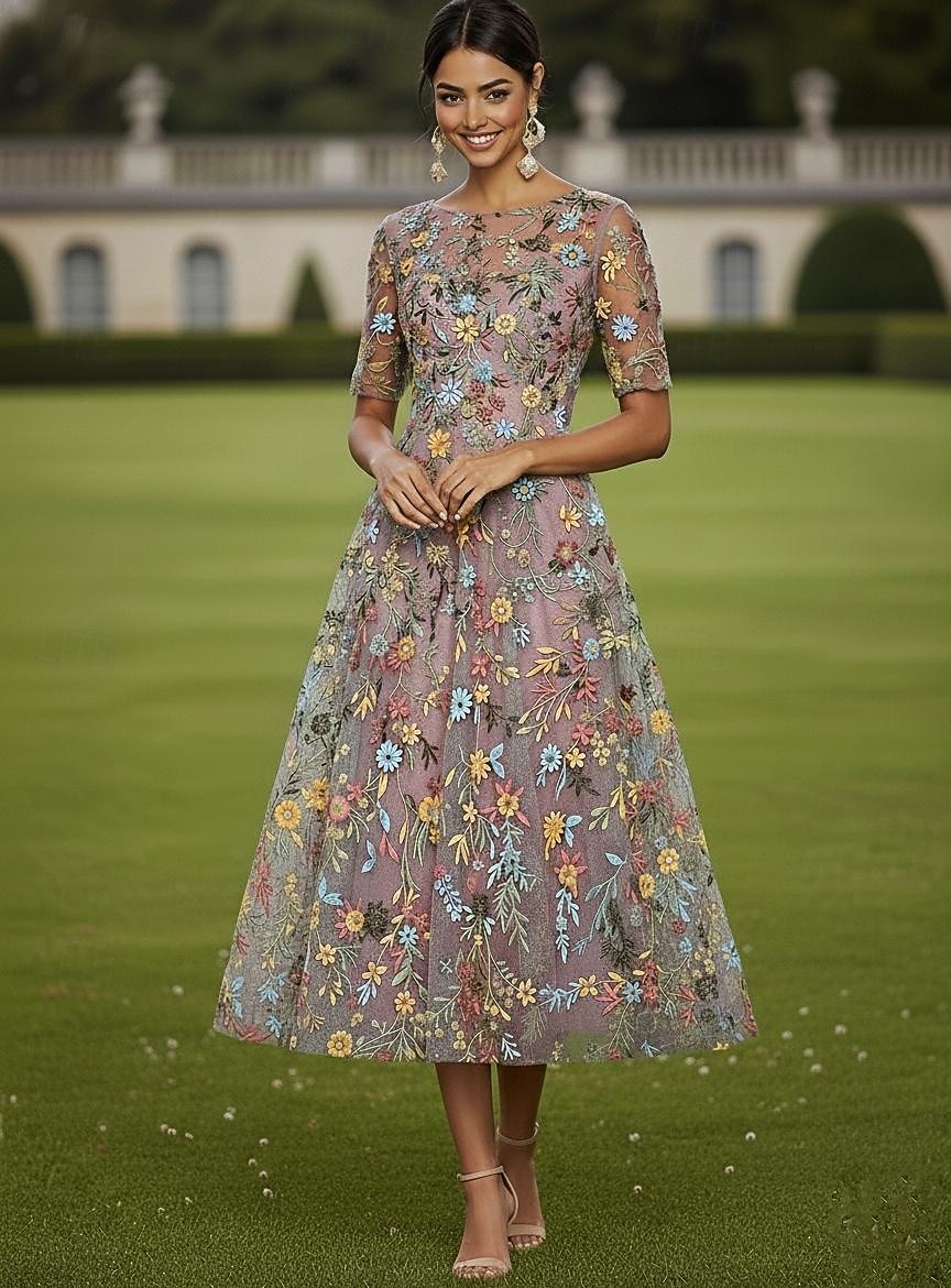 А-силуэт Платья Ниже колена Коктейльные платья Свадебное платье для гостей Платье для матери невесты Рукав до локтя Вырез под горло Вырез лодочкой Элегантный стиль На каждый день 2026 - $163.99 –P1