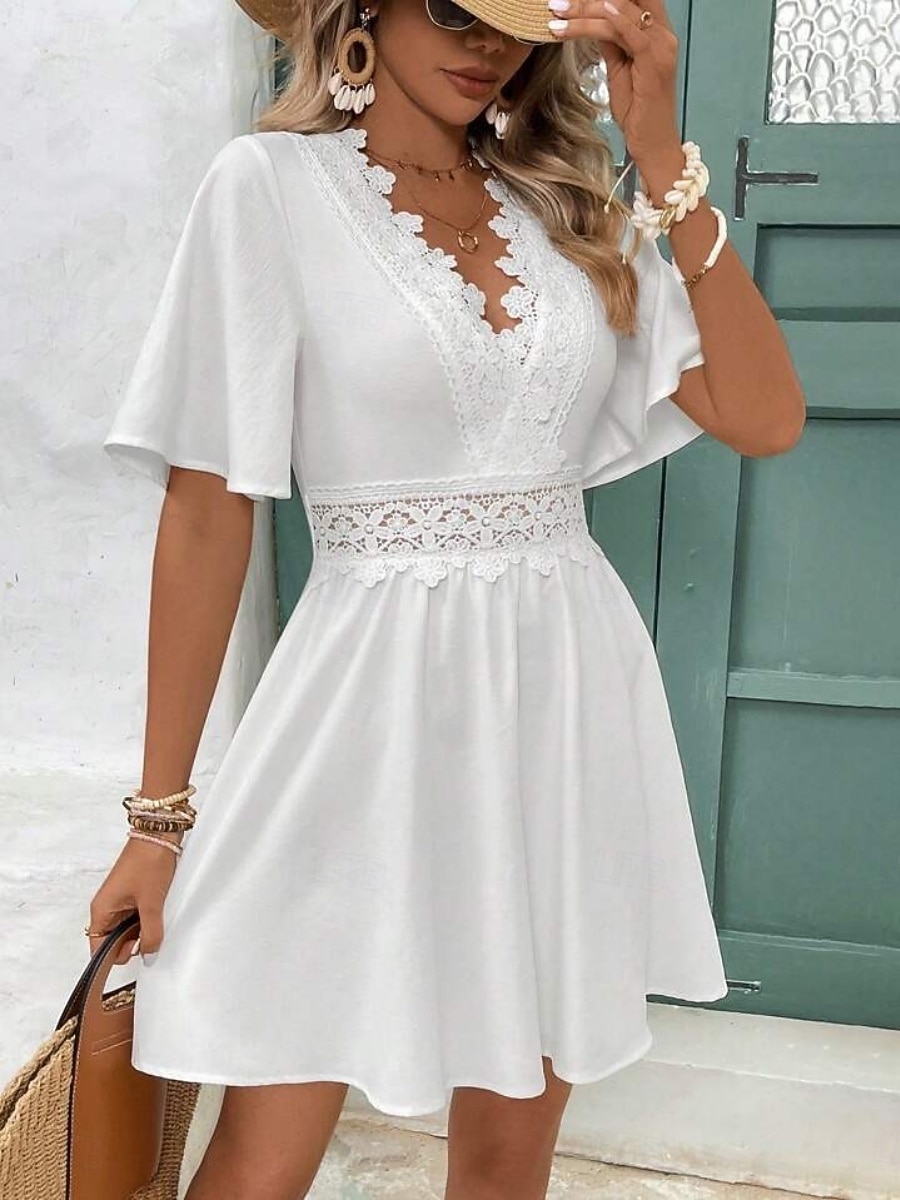 Per donna Mini Abito Abito in Pizzo Abito Bianco Elegante Moda Moderno All'aperto Vacanza Uscire Vestibilità regolare Semplice Manica Corta Scollo a V Nero Bianco Estate Primavera del 2026 a $25.99 –P3