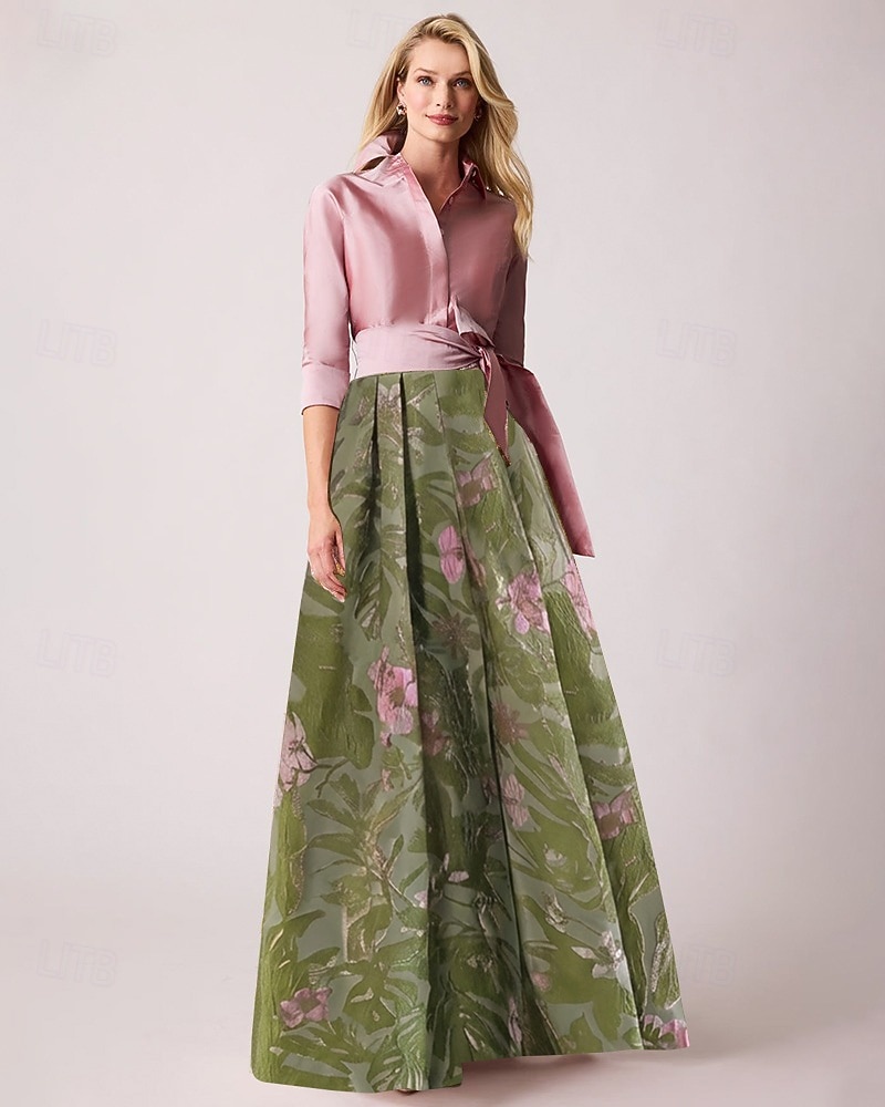 A-Line Floor Length Shirt Dress Wedding Guest Dress Formal Dresses Mother of the Bride Dress Long Sleeve Shirt Collar Elegant Vintage Wedding Formal Nylon with Floral Print Bow(s) Slit 2026 - $186.99 –P8