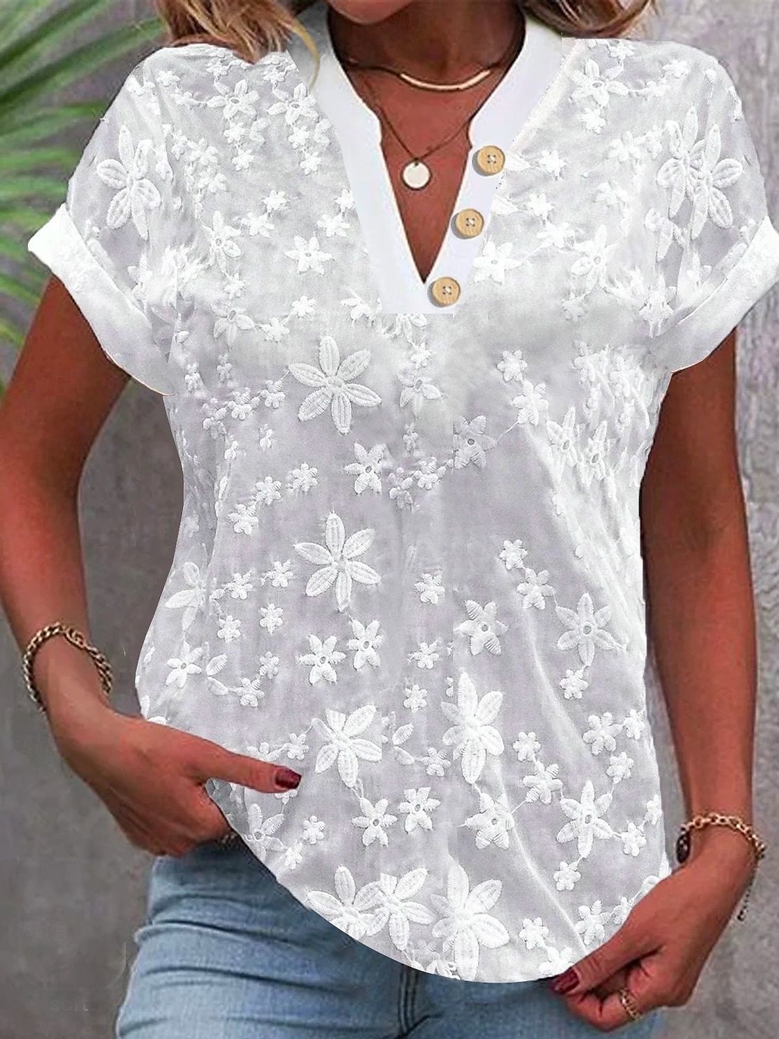 Per donna Maglietta Pizzo Patchwork Semplice Moda Elegante Classico Manica Corta Scollo a V Top Regolari Quotidiano Uscire Weekend Blu Nero Bianco Cachi Estate Primavera del 2026 a $25.99 –P2