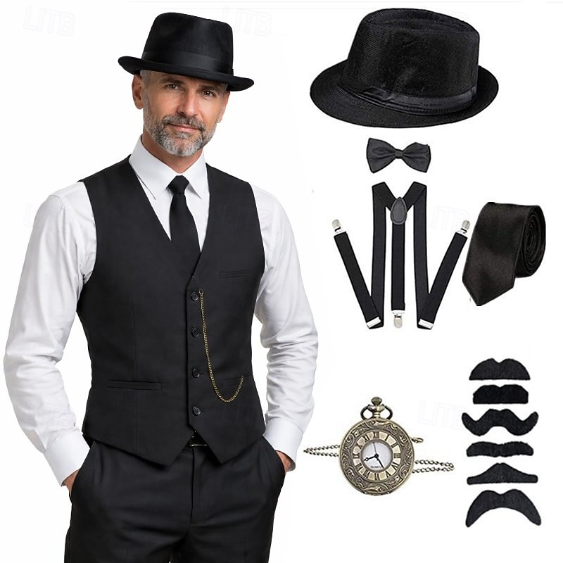 Roaring jaren '20 Jaren 1920 Retro vintage Outfits Hesje Accessoireset Heer Gangster Kostuum Voor heren Carnaval Maskerade Cocktailparty Thema feest Volwassenen Das Ves Meer Accessoires 2026 - $71.99 –P1