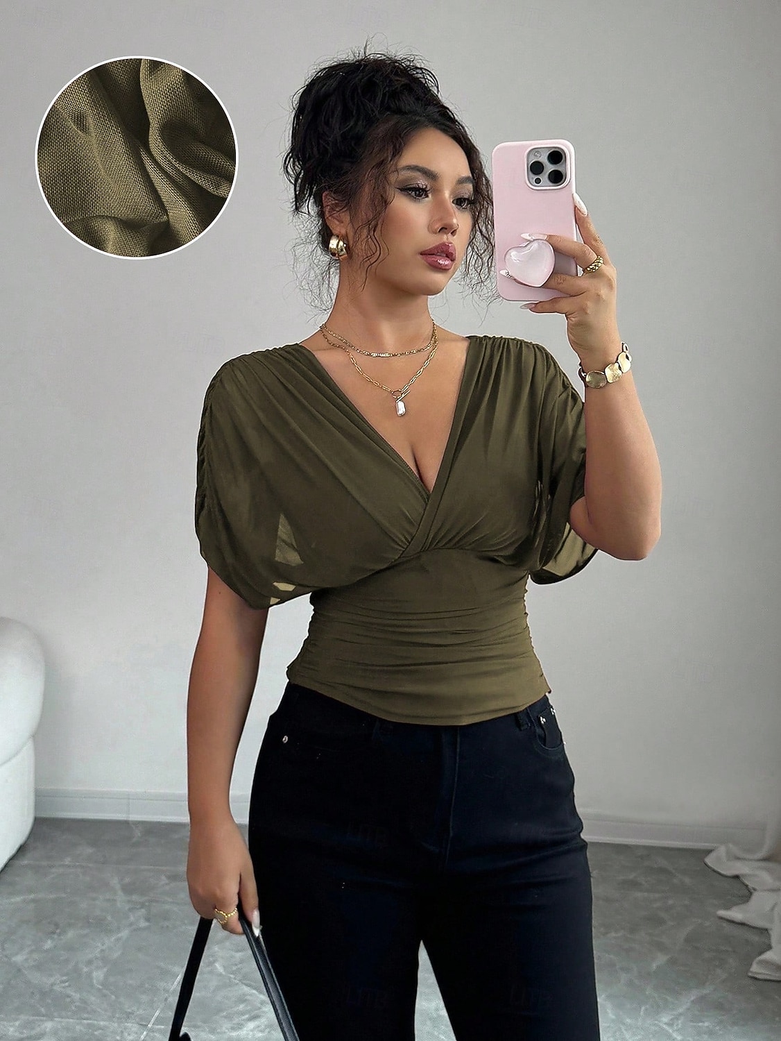 Per donna Blusa Tinta unica Semplice Elegante Vintage Moda Manica Corta Scollo a V Scollo profondo Top Regolari Rosso violaceo Marrone caffè Nero Verde militare Estate Primavera del 2026 a $24.99 –P10